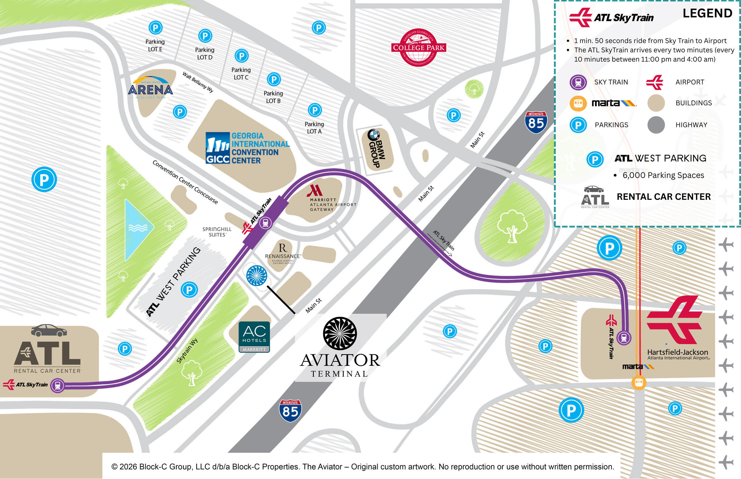 Map of Aviator Parking at 4130 Skytrain Way, College Park, next to the ATL SkyTrain Gateway Center station, Hartsfield-Jackson ATL airport and GICC